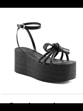 Platform Ankle-Strap Raffia Knot Sandal - Black Sz 9